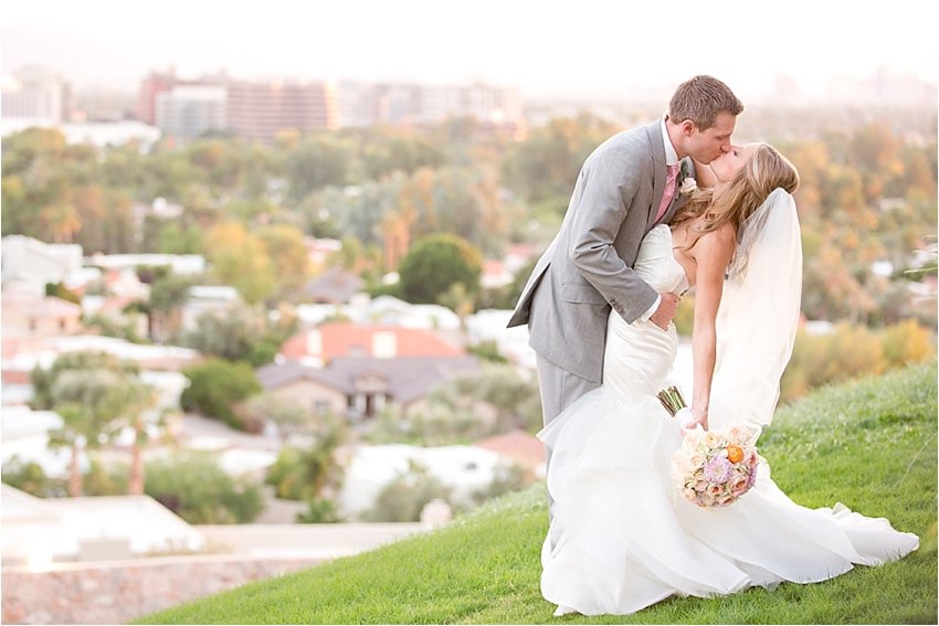 Wrigley Mansion at sunset overlooking Phoenix skyline